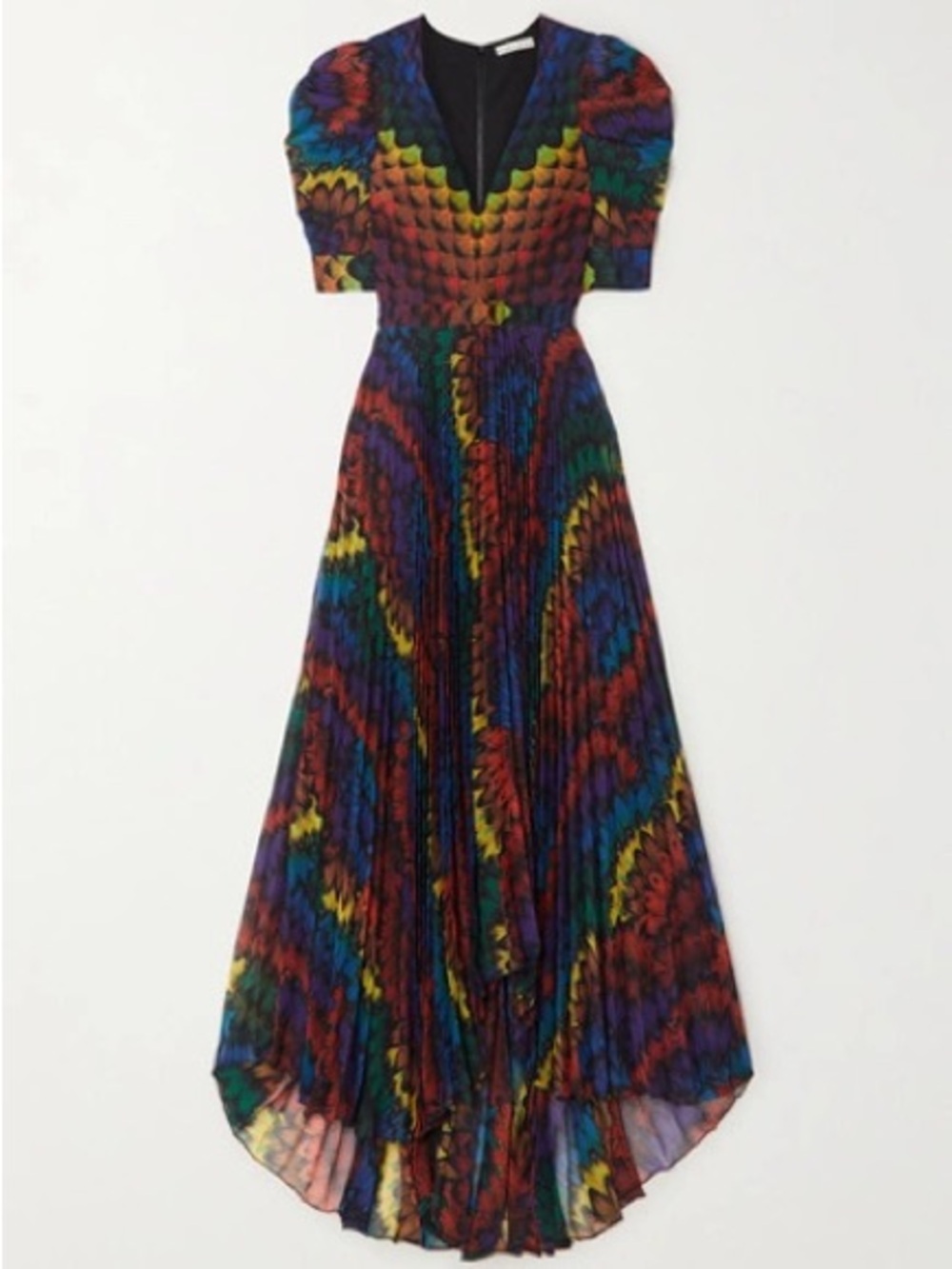 Alice + Olivia Haven Peacock Chiffon Pleated Ruffled Feather Multi Gown - Picture 2 of 9